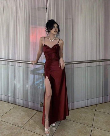 Sheath Spaghetti Straps Burgundy Satin Long Party Dress Prom Dresses SD1381